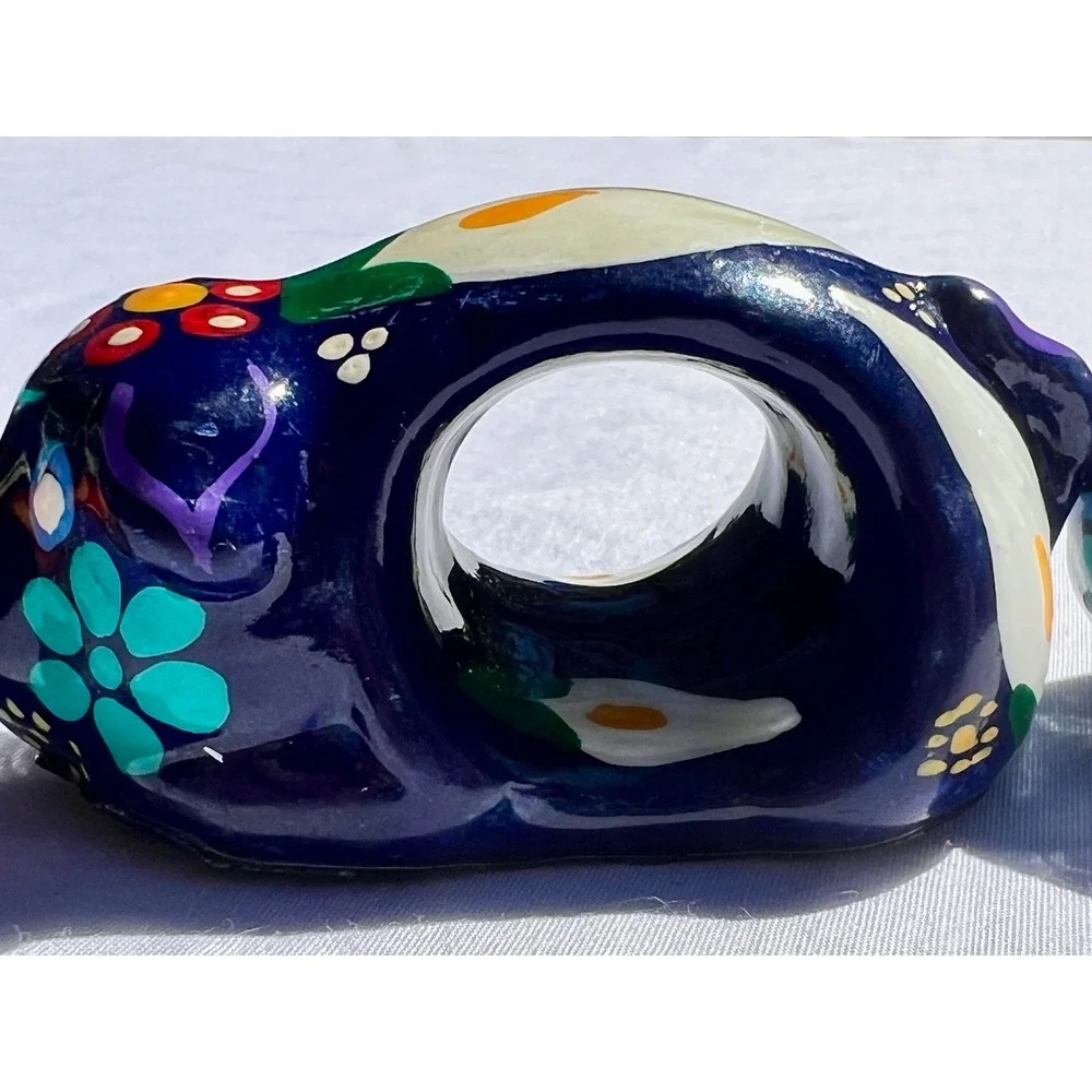 Talavera Pig Napkin Rings Set of 4 Hand Painted Mexican Pottery Floral Blue